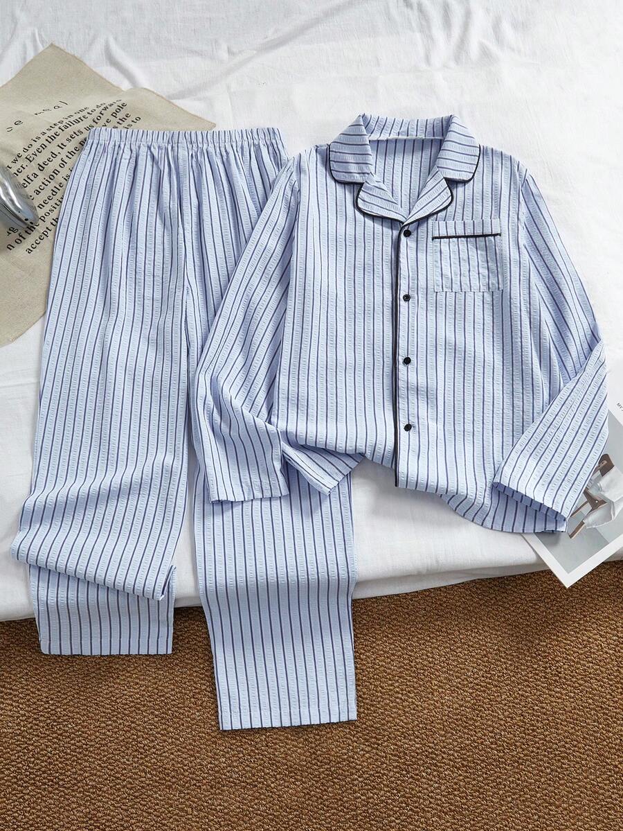 Men's Casual Classic Striped Lapel Button-Front Elastic Waist 2 Pieces Pajama Set Blue  Striped Pajama Set - Blue - View 1