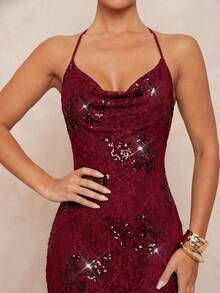 Lumalex 可调节蕾丝亮片吊带露背紧身连衣裙，枣红色 - 酒紅色 - 查看 8