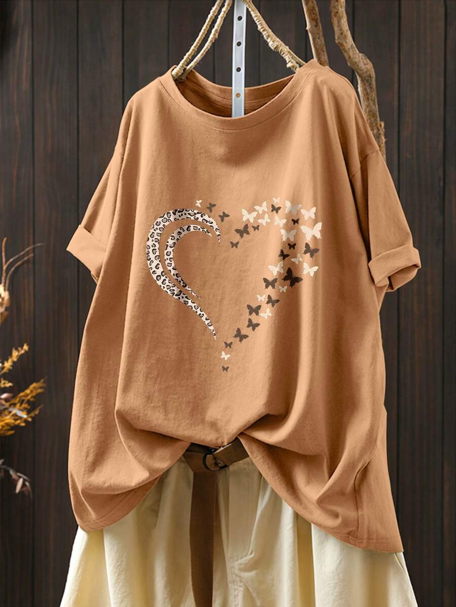 Selamara Áo thun ngắn tay cỡ lớn dành cho nữ, kiểu dáng thường ngày, thời trang và đa năng, với họa tiết bướm, trái tim, da báo, phù hợp cho hoạt động ngoài trời, chụp ảnh đường phố, đi học, hẹn hò. - Màu Khaki - Xem 1