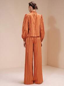 Arave Women's Woven Casual Puff Sleeve Design Stand Collar Long Sleeve Jumpsuit, Party Outfit Orange Outfit Women Straight Trousers Burnt Orange Outfits - Orange - View 4