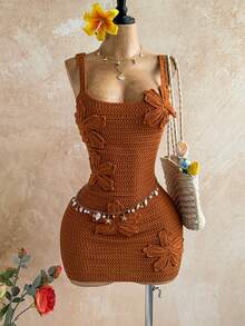 Soleia 新款印花露背系带迷你连衣裙，适合派对、约会、情人节、复活节、狂欢节、下午茶、海滩、邮轮、城市度假、秋冬季钩针连衣裙、派对 - 棕色 - 查看 1