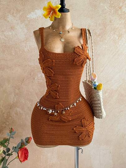 Soleia Đầm ngắn hở lưng, buộc dây, họa tiết hoa mới, thích hợp cho tiệc tùng, hẹn hò, ngày Valentine, lễ Phục sinh, lễ hội, tiệc trà chiều, đi biển, du thuyền, kỳ nghỉ thành phố, đầm móc len mùa thu/đông, tiệc tùng.