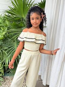 Tween Girls' Holiday Spring/Summer Ruffled Trim Black & White Contrast Wavy Strap Cropped Off-Shoulder Top + Loose Wide-Leg Woven Pants Shirt Set - Apricot - View 5