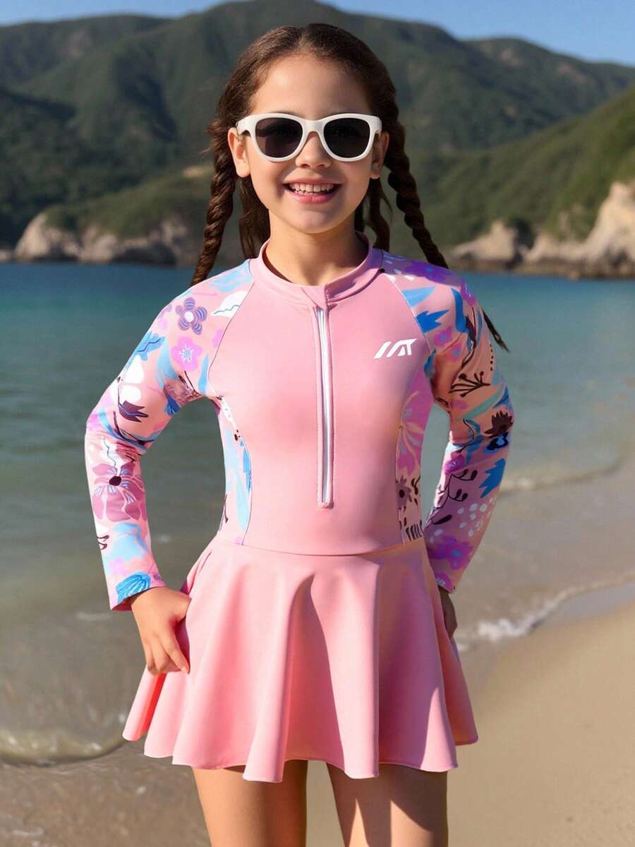 SHEIN 少女连体长袖泳衣,拉链设计,方便穿脱,适合海滩度假游泳 - 粉色 - 查看 1