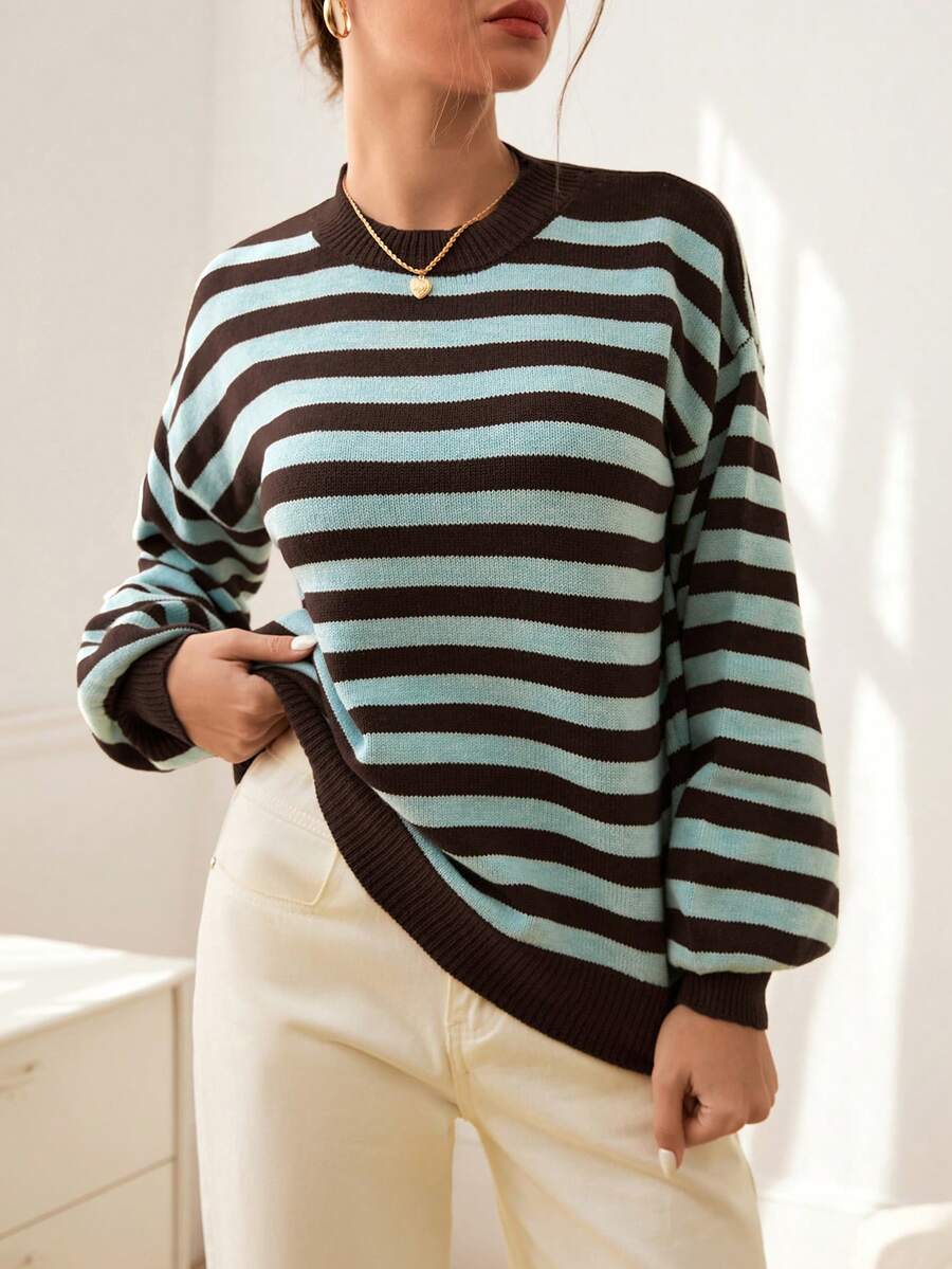 Ritzy Row Jersey de punto versátil y minimalista con cuello redondo, mangas farol y rayas azules y cafés para mujer - Multicolor - Ver 1