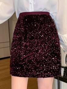 DAZY Jupe de fête à taille haute et pailletée de couleur unie, glamour pour le carnaval - Rouge foncé - Voir 3