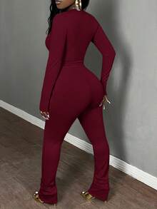Slaydiva 两件套女士休闲基础款秋冬圆领长袖紧身露脐上衣和抽绳松紧腰修身裤运动套装 - 酒紅色 - 查看 2