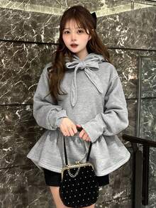 FRIFUL 女士宽松卫衣，荷叶边下摆，蝴蝶结领口装饰，灯笼袖，甜美风格