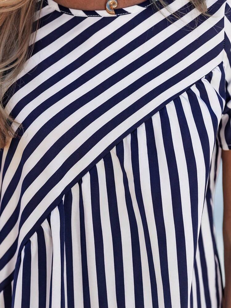 Women's Round Neck Short Sleeve Striped Dress,Vacation
