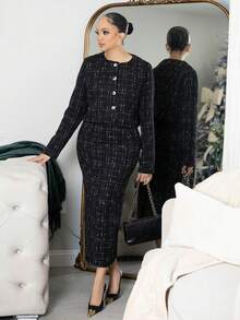 Melissa Matos 2 件格子短款夹克和裙子，休闲秋季套装 - 黑色 - 查看 5