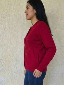 Women's Soft Sweater With Colorful Flower Embroidery - Red - View 3