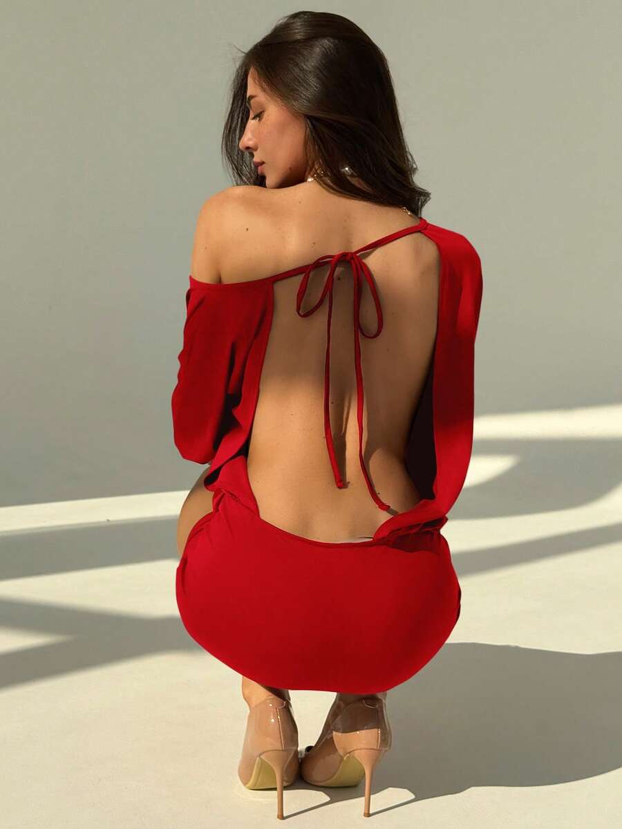 Aloruh Women's Solid Color Asymmetric Batwing Sleeve Sexy Open Back Mini Dress - Red - View 1