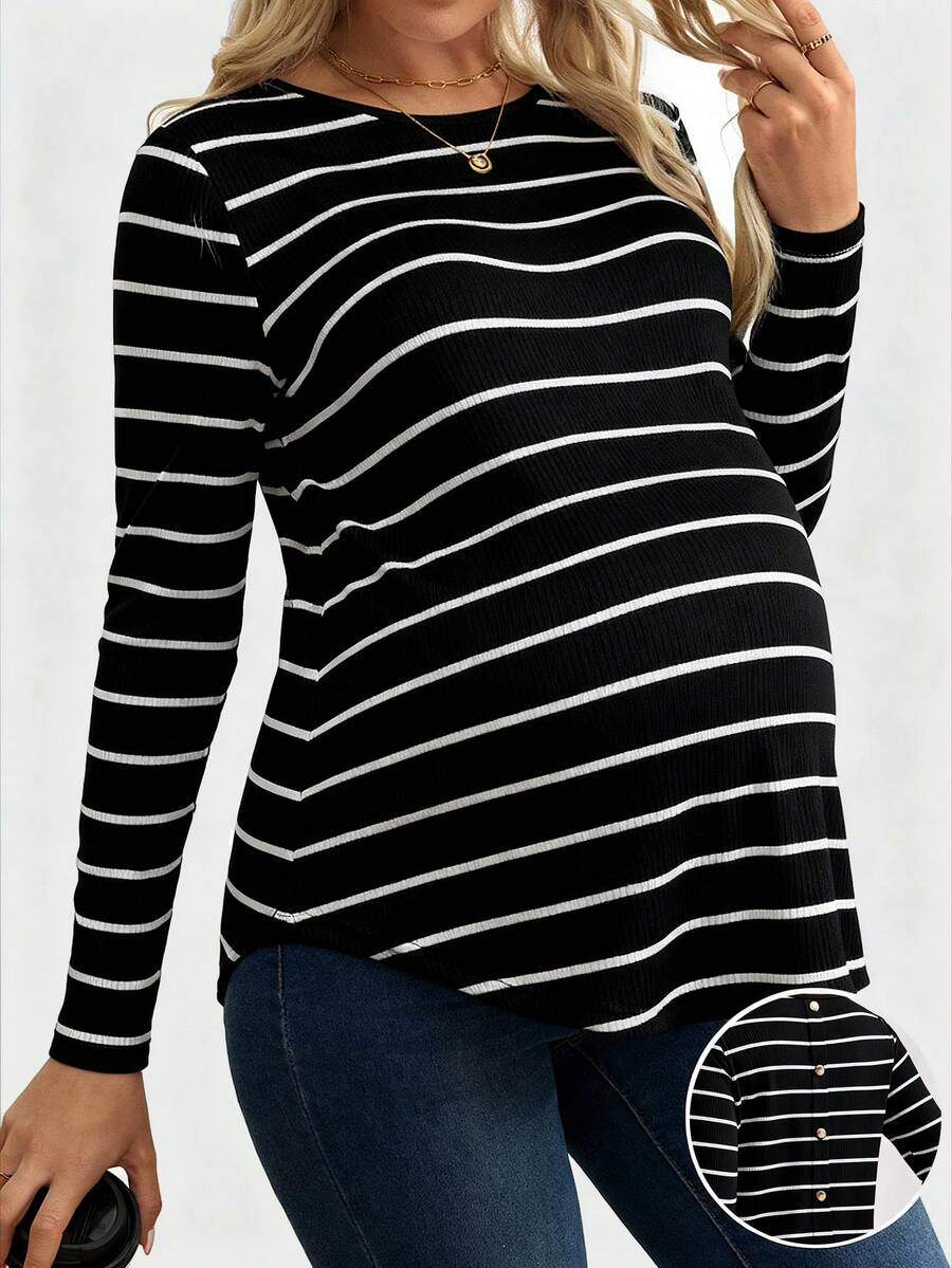SHEIN Maternity Striped Button Back Butterfly Sleeve Curved Hem T-Shirt, Autumn - Black and White - View 1