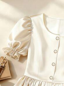 Chiquease Blusa elegante de mujer con mangas abullonadas y volantes en el bajo con botones delanteros - Albaricoque - Ver 3