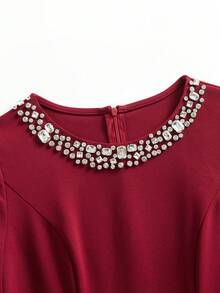 ZEYLAH Elegant Minimalist Rhinestone Embellished Long Dress For Women - Burgundy - View 4