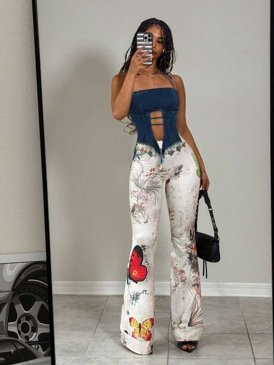 EgrlEra Women's Y2K Butterfly Print Flare Leg Pants - Multicolor - View 1