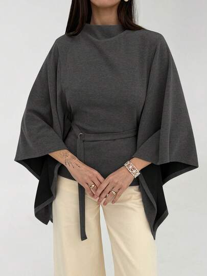 Aloruh Women's Solid Color Stand Collar Batwing Sleeve Loose Casual Fashion Top