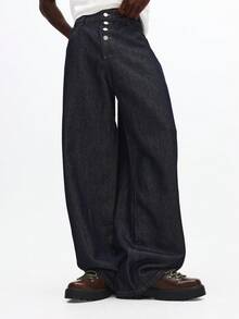 SUMWON 阔腿纽扣牛仔裤，高腰设计，宽松舒适版型，适合日常休闲穿着。 - 黑色 - 查看 5