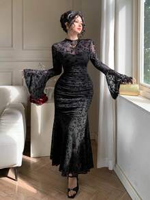 DAZY Đầm đuôi cá xếp ly ren thanh lịch dành cho nữ, đầm mùa xuân/hè. - màu đen - Xem 5