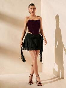 SHEIN BAE Summer Beach Vacation Solid Color Bra Top Lace Top, Suitable For Daily Dating, Night Out, Nightclubs, Parties, Get-Togethers, Cocktail Parties, Pool Parties, Back-To-School Season Clothing, School Season Clothing, Holiday Clothing, Office Clothing Commuting Clothing Corset Top - Maroon - View 3