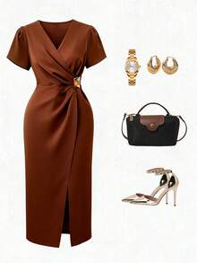 Franclia Women's Summer Solid Brown Cross Neck Ruffled Metal Buckle Hooded Sleeve Short Sleeve Elegant Long Dress Brown Dress Spring Outfit Women's Spring Outfit Summer Clothing Women's Summer Outfit Summer Dress Elegant Party Dress Party Dress Graduation Dress Graduation Dress Elegant Dress Women's Elegant Outfit Women's Elegant Outfit Prom Role Play Elegant, Fashionable, Casual, Commuter, Business Office, Everyday Casual, Versatile Temperament, Urban Teacher Professional Attire Sexy Date Outfit Women's Date Outfit Women's Holiday Outfit Women's Clothing Sexy Women's Clothing Party Outfit Women's Thanksgiving Outfit Women's Thanksgiving Dress New Year's Outfit New Year's Party Outfit Women's Clothing