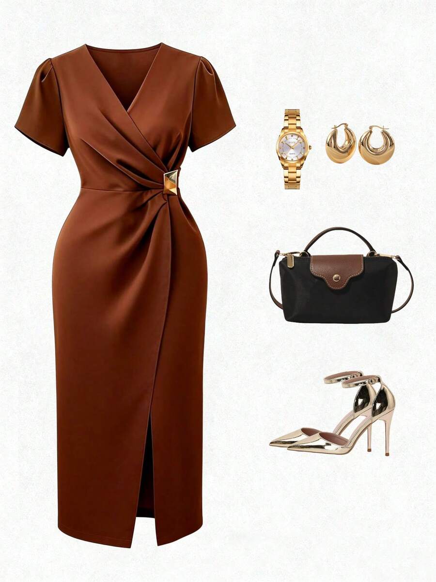 Franclia Women's Summer Solid Brown Cross Neck Ruffled Metal Buckle Hooded Sleeve Short Sleeve Elegant Long Dress Brown Dress Spring Outfit Women's Spring Outfit Summer Clothing Women's Summer Outfit Summer Dress Elegant Party Dress Party Dress Graduation Dress Graduation Dress Elegant Dress Women's Elegant Outfit Women's Elegant Outfit Prom Role Play Elegant, Fashionable, Casual, Commuter, Business Office, Everyday Casual, Versatile Temperament, Urban Teacher Professional Attire Sexy Date Outfit Women's Date Outfit Women's Holiday Outfit Women's Clothing Sexy Women's Clothing Party Outfit Women's Thanksgiving Outfit Women's Thanksgiving Dress New Year's Outfit New Year's Party Outfit Women's Clothing