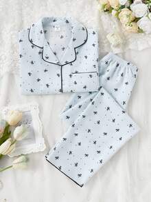 Sparklyn Sweet & Fresh School Girl Style Pajamas For Tween Girls, Light Blue Bow & Floral Print Long Sleeve Top And Pants 2-Piece Comfortable Loungewear Set - Multicolor - View 6