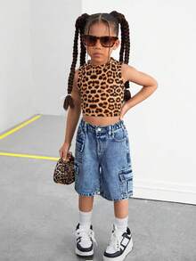 SHEIN Young Girl High Waist Multi-Pocket Loose Fit Wide Leg Casual Jeans - Light Wash - View 4