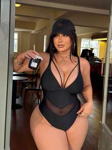 Swim SXY 大码性感黑色网纱拼接V领连体泳衣，适合海滩度假，春夏款 - 黑色 - 查看 2