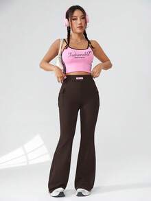 SHEIN EZwear 针织休闲喇叭裤 - 巧克力棕 - 查看 7