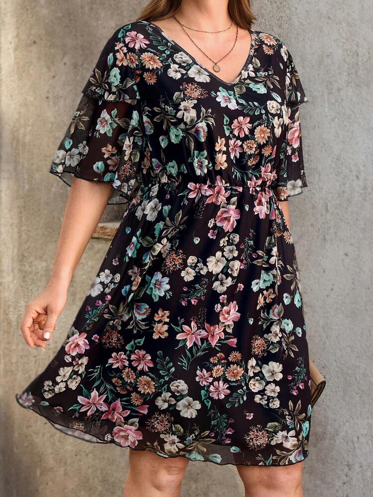 Plus Size Floral Print V-Neck Short Sleeve Dress For Summer/ Flower/ Vacation Short Floral Dress Flowery Dress Summer Dress With Sleeve Wildflower Dress Butterfly Sleeve Dress