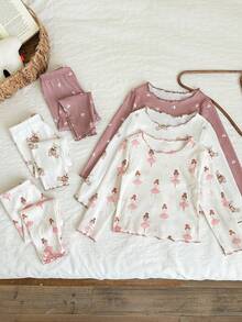 LMoss Kids 2pcs Baby Girl Knit Floral Bear Pattern Ruffle Collar Casual T-Shirt And Pants Homewear Set - Multicolor - View 4