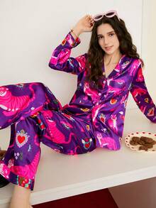 Chillnights 女士休闲撞色老虎与爱心Y2K印花翻领缎面长袖宽松舒适睡衣套装 - 紫色 - 查看 1