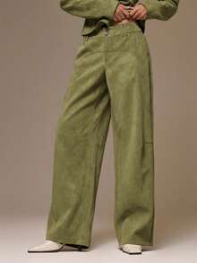 MUSERA Suedette Seam Detail Wide Jean Trousers Cool Girl, Streetstyle, Cute, , ,  Casual Summer - Olive Green - View 3