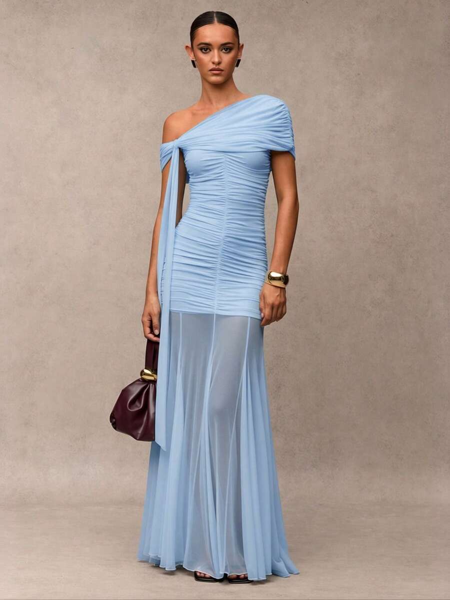 SHEIN BAE Women's Solid Color Pleated Asymmetric Shoulder Ruffle Elegant Dress - Baby Blue - View 1
