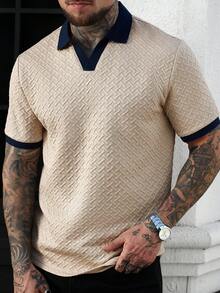 Manfinity Homme Áo polo nam cỡ lớn tay ngắn phối màu tương phản, kiểu dáng thường ngày, thích hợp đi làm. - Màu Khaki - Xem 6