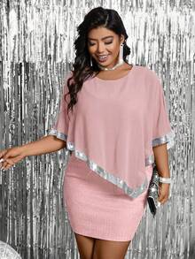 Cravure Capa con cuello redondo de talla grande con parches de gasa con lentejuelas y cuentas, cinta elegante, 2 en 1 vestido de fiesta de tela jacquard texturizada - Rosa Pálido - Ver 3