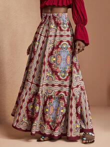 JIAN LASALA All-Over Print Elastic High Waist Wide-Leg Ruffled Hem Long Pants Women Vacation Casual Boho - Multicolor - View 4