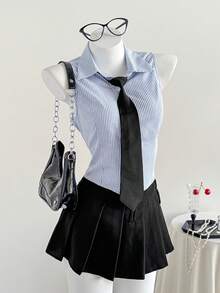 Comfortcana 1pc Women's Sleeveless Woven Shirt With Matching Necktie - Blue - View 1