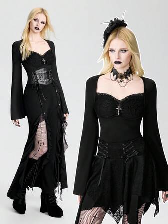 Breakform เสื้อยืดครอปแขนบานผ้าถักสีพื้น แต่งลูกไม้ระบายด้านหน้า สไตล์โกธิค วินเทจ สำหรับผู้หญิง พร้อมประดับไม้กางเขนโลหะ