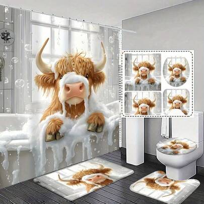 1/4 Pcs Cute Highland Cow Bathroom Set Red Hat Shower Curtain, Bath Mat And Toilet Seat Cover - Adorable Farm Animal Design Bathroom Decor