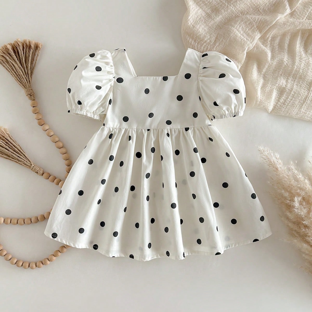 Vestido para niña joven nuevo clásico retro con estampado de lunares, cuello cuadrado, mangas cortas abullonadas y cintura ceñida