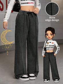 SHEIN Sparklyn Teen Girls' Patchwork Black Denim Straight Leg Jeans, Casual Campus Fashion Streetwear Recommended For Autumn/Winter! Classic Black Comfortable Fabric, Front Panel Patchwork + Elastic Waistband + Drawstring Design, Easy To Put On And Take Off, Loose Straight-Leg Silhouette, Flattering Leg Lines, Suitable For Various Body Types. Versatile And Dirt-Resistant, Whether Outing, On Campus, Or For Daily Wear, It Can Easily Create A Youthful And Energetic Look! Fall - Black - View 1