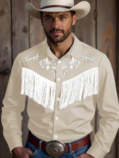 Manfinity Nomadique Men's Western Style Fringe Decorated Long Sleeve Shirt Beige Men's Western Shirts Rodeo Shirt Men