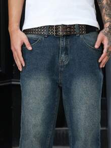 Manfinity Homme Quần jeans nam dáng suông rộng, màu xanh nhạt cổ điển - Rửa trung bình - Xem 4