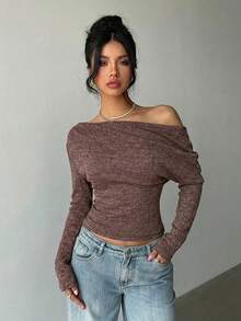 Aloruh T-shirt asymétrique décontracté pour femmes, t-shirt à nœud torsadé de couleur unie pour les déplacements quotidiens et le port à la maison, t-shirt en maille à manches longues - Tabac - Voir 3