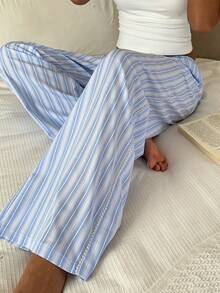 SHEIN EZwear 2026新款女士休闲服饰蓝色条纹度假休闲时尚沙滩出游性感舒适条纹珍珠蕾丝拼接时尚抽绳腰带口袋休闲百搭通勤阔腿裤度假裤 - 藍色 - 查看 4