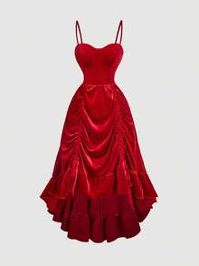 SHEIN MOD 大码女式酒红色丝绒抽绳吊带连衣裙，适合婚礼宾客、返校节、新年、情人节等场合。 - 紅色 - 查看 1