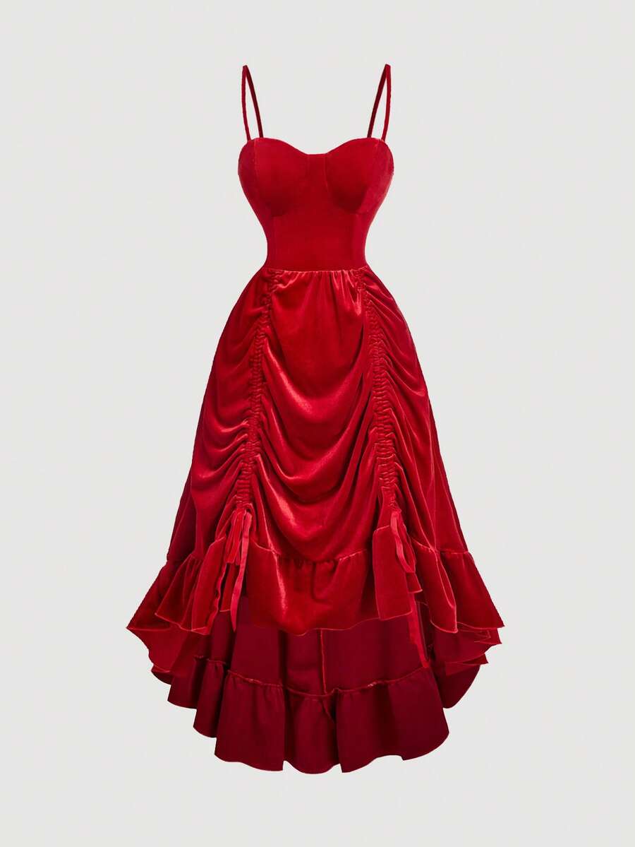 SHEIN MOD 大码女式酒红色丝绒抽绳吊带连衣裙，适合婚礼宾客、返校节、新年、情人节等场合。 - 紅色 - 查看 1