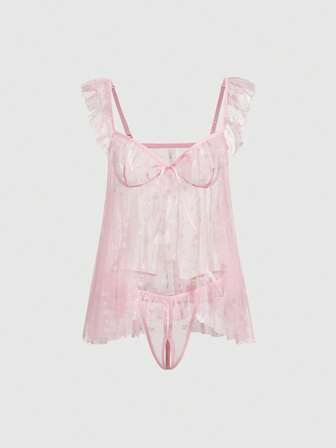 Kawaii Conjunto de lencería con volantes de malla a lunares, lindo y sexy, para el Día de San Valentín